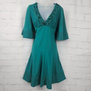 Karen Millen Teal Polka Dot Silk Blend Retro Midi Dress Bell Sleeve Womens M